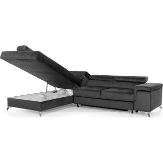 Canapé d'angle convertible - ERWAN - en velours luxe 5 places, anthracite, angle gauche (vu de face)