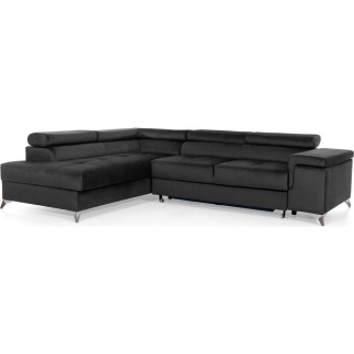 Canapé d'angle convertible - ERWAN - en velours luxe 5 places, anthracite, angle gauche (vu de face)