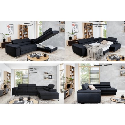 Canapé d'angle convertible - ERNEST - en tissu luxe 5 places, noir, angle droit (vu de face)