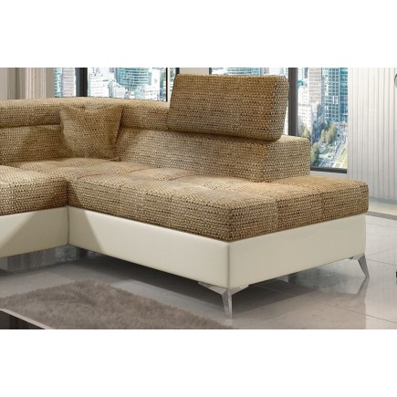 Canapé d'angle convertible - ERMAN - en tissu et simili 5 places, marron et écru, angle droit (vu de face)