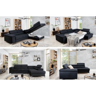 Canapé d'angle convertible - ERMAN - en tissu et simili 5 places, marron et écru, angle droit (vu de face)