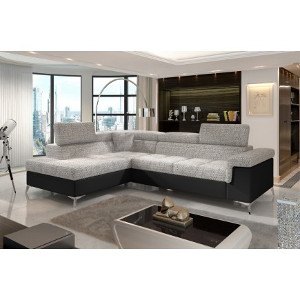 - Canapé d'angle convertible - ERMAN - en tissu et simili 5 places, gris et noir, angle gauche (vu de face)