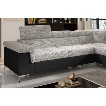 Canapé d'angle convertible - ERMAN - en tissu et simili 5 places, gris et noir, angle droit (vu de face)