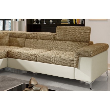 - Canapé d'angle convertible - ERMAN - en tissu et simili 5 places, marron et écru, angle gauche (vu de face)