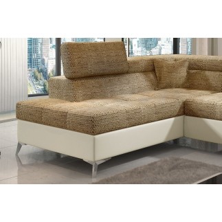 - Canapé d'angle convertible - ERMAN - en tissu et simili 5 places, marron et écru, angle gauche (vu de face)