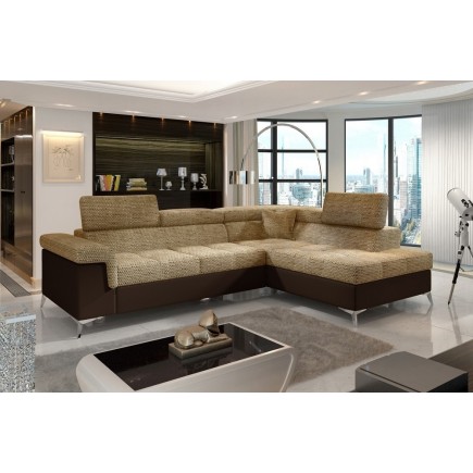 Canapé d'angle convertible - ERMAN - en tissu et simili 5 places, marron et chocolat, angle droit (vu de face)