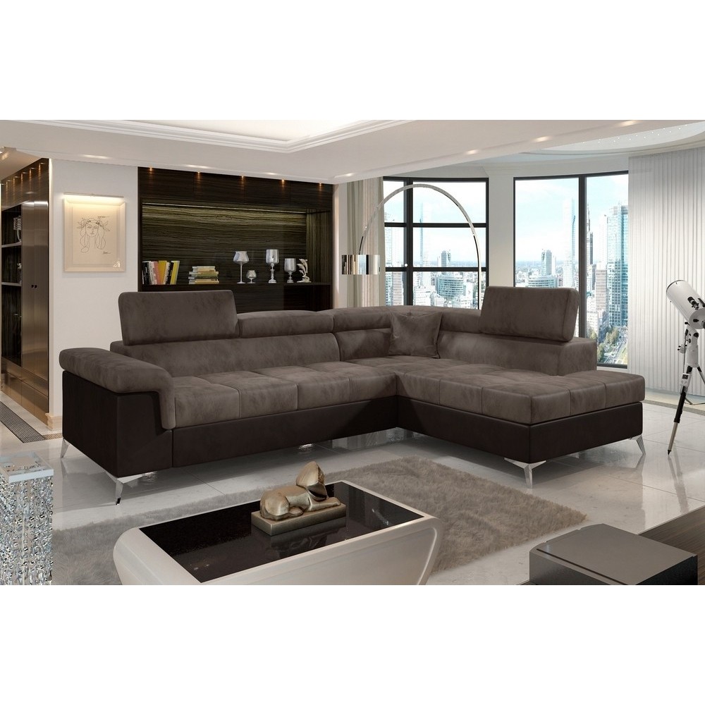 Canapé d'angle convertible - ERIKA - en tissu velours luxe 5 places, marron et chocolat, angle droit (vu de face) Canapé d'angle convertible - ERIKA - en tissu velours luxe 5 places, marron et chocolat, angle droit (vu de face)
