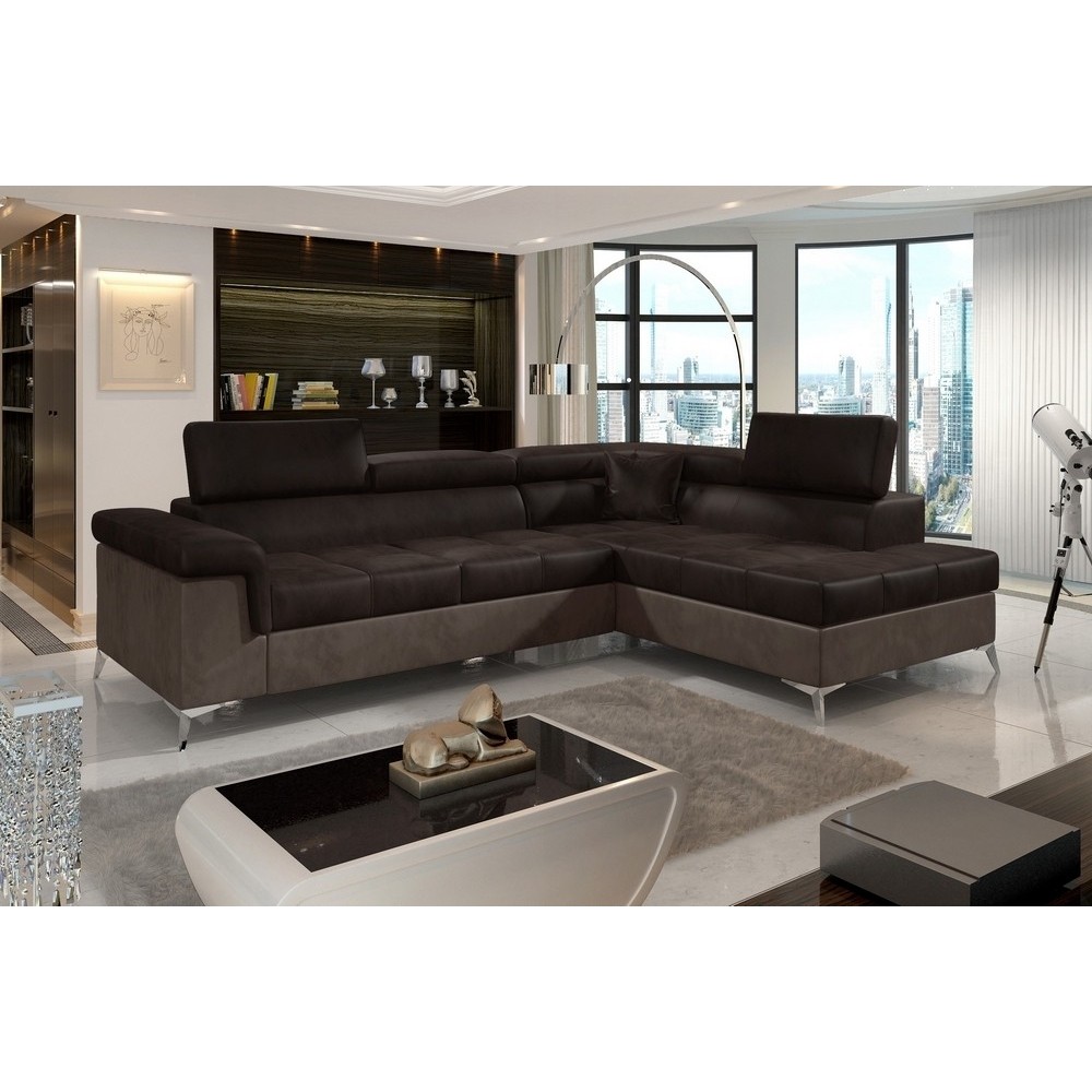 Canapé d'angle convertible - ERIKA - en tissu velours luxe 5 places, chocolat et marron, angle droit (vu de face) Canapé d'angle convertible - ERIKA - en tissu velours luxe 5 places, chocolat et marron, angle droit (vu de face)