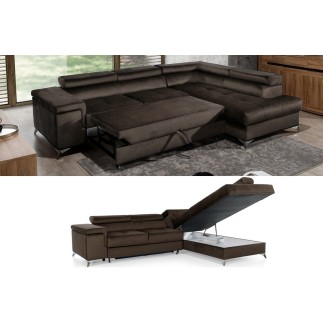 Canapé d'angle convertible - ERIKA - en tissu velours luxe 5 places, chocolat et marron, angle droit (vu de face)
