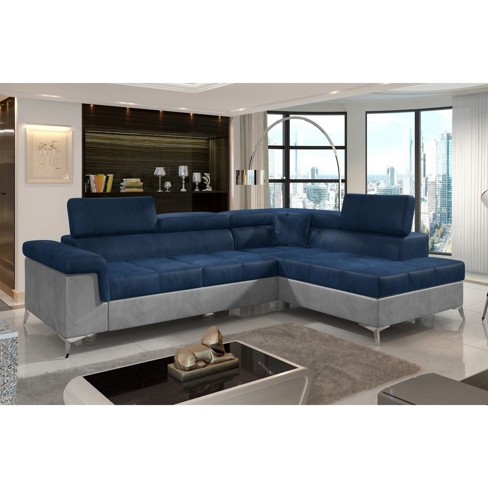 Canapé d'angle convertible - ERIKA - en tissu velours luxe 5 places, bleu et gris, angle droit (vu de face) Canapé d'angle convertible - ERIKA - en tissu velours luxe 5 places, bleu et gris, angle droit (vu de face)
