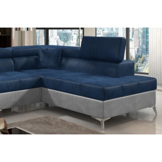 Canapé d'angle convertible - ERIKA - en tissu velours luxe 5 places, bleu et gris, angle droit (vu de face)