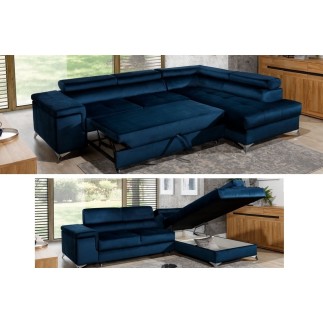 Canapé d'angle convertible - ERIKA - en tissu velours luxe 5 places, bleu et gris, angle droit (vu de face)