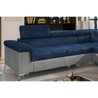 Canapé d'angle convertible - ERIKA - en tissu velours luxe 5 places, bleu et gris, angle droit (vu de face)