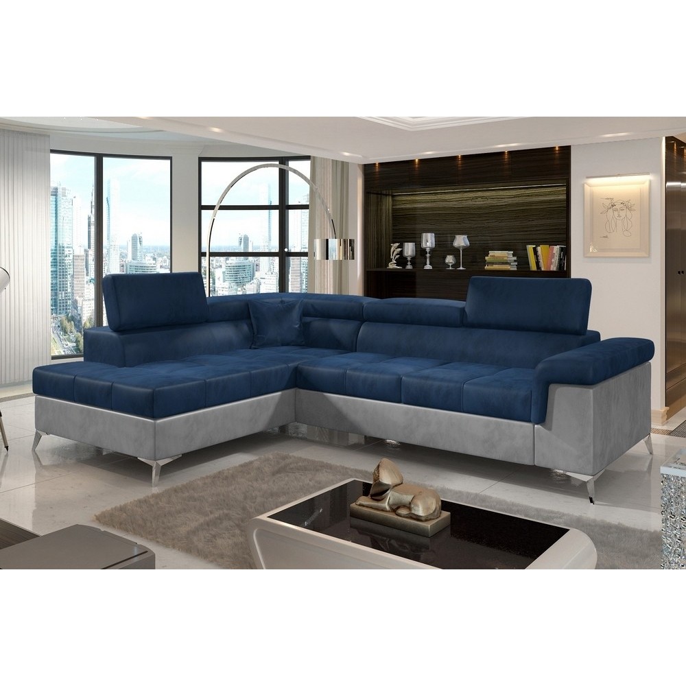 Canapé d'angle - convertible - ERIKA - en tissu velours luxe 5 places, BLEU et GRIS, angle gauche (vu de face) Canapé d'angle - convertible - ERIKA - en tissu velours luxe 5 places, BLEU et GRIS, angle gauche (vu de face)
