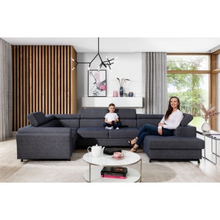 Canapé panoramique convertible, ESTEVE, en tissu prestige luxe gris, 7 places, partie sans accoudoir à droite (vu de face)