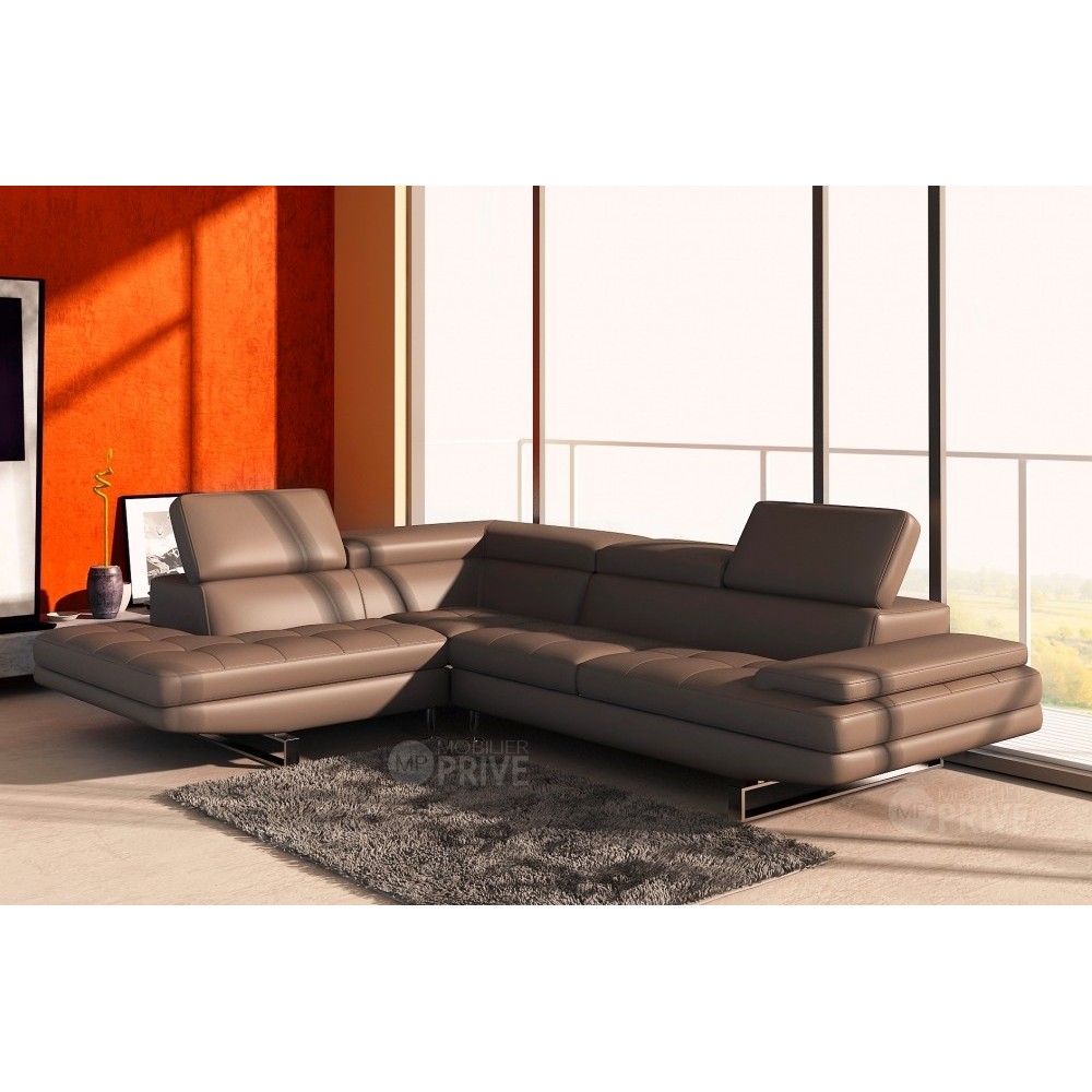 Canapé d'angle en cuir italien 6 places BIRKIN, marron, angle gauche