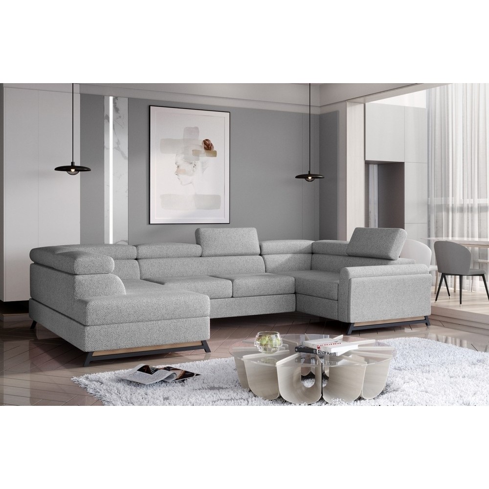 Canapé panoramique convertible - ESTEBAN - en tissu prestige luxe gris - 7 places, partie sans accoudoir à gauche (vu de face)