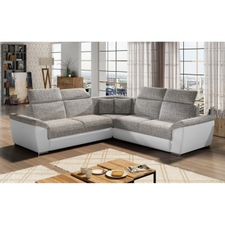 Canapé d'angle - convertible - FELIPE - en tissu beige et simili cuir blanc, 5/6 places