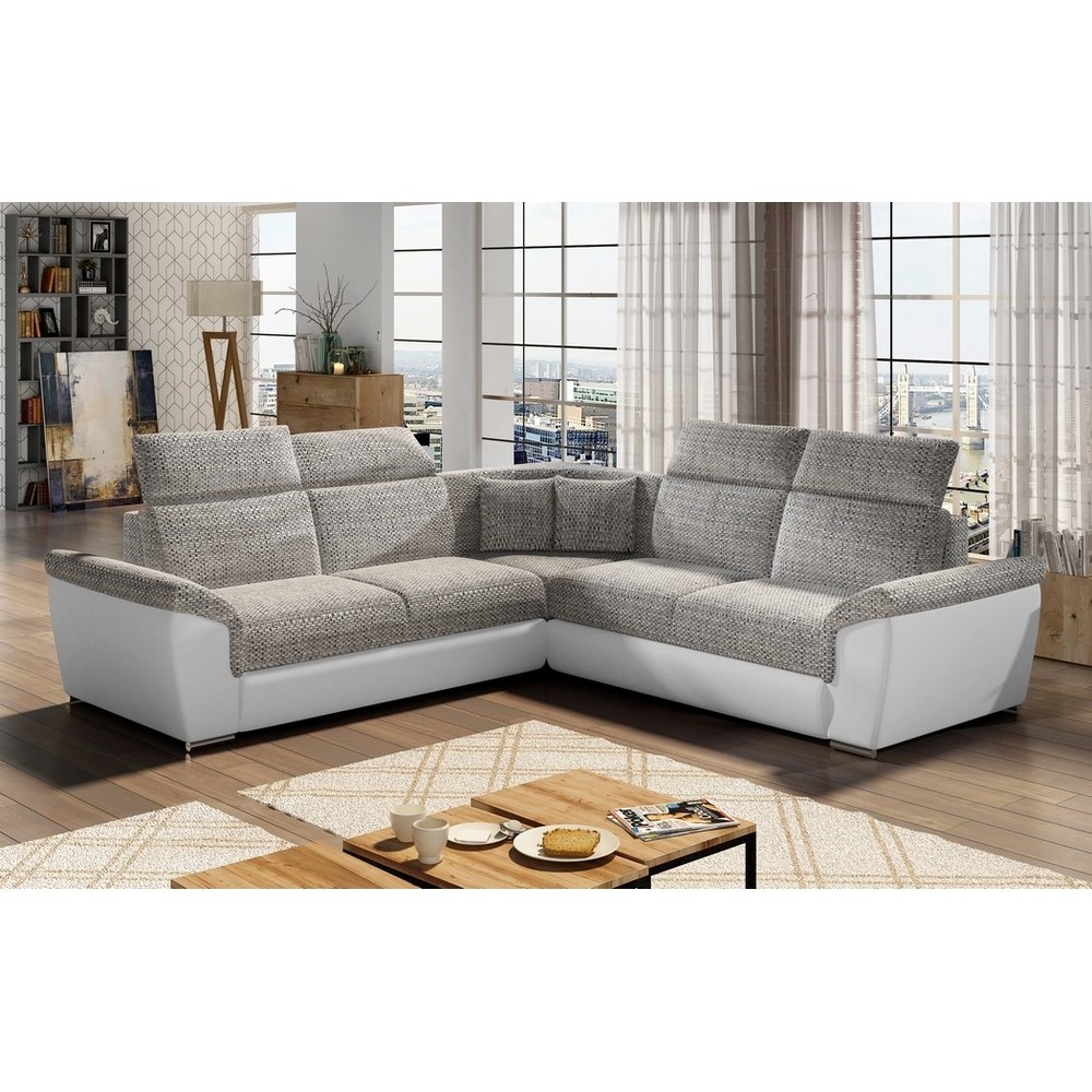 Canapé d'angle - convertible - FELIPE - en tissu beige et simili cuir blanc, 5/6 places, angle gauche Canapé d'angle - convertible - FELIPE - en tissu beige et simili cuir blanc, 5/6 places, angle gauche