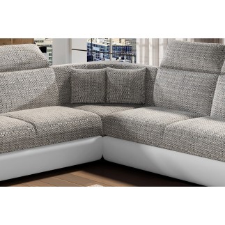 Canapé d'angle - convertible - FELIPE - en tissu beige et simili cuir blanc, 5/6 places