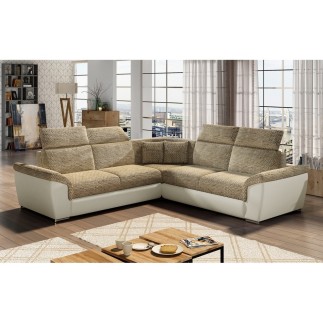Canapé d'angle - convertible - FELIPE - en tissu beige et simili cuir écru, 5/6 places