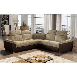 Canapé d'angle - convertible - FELIPE - en tissu beige et simili cuir chocolat, 5/6 places