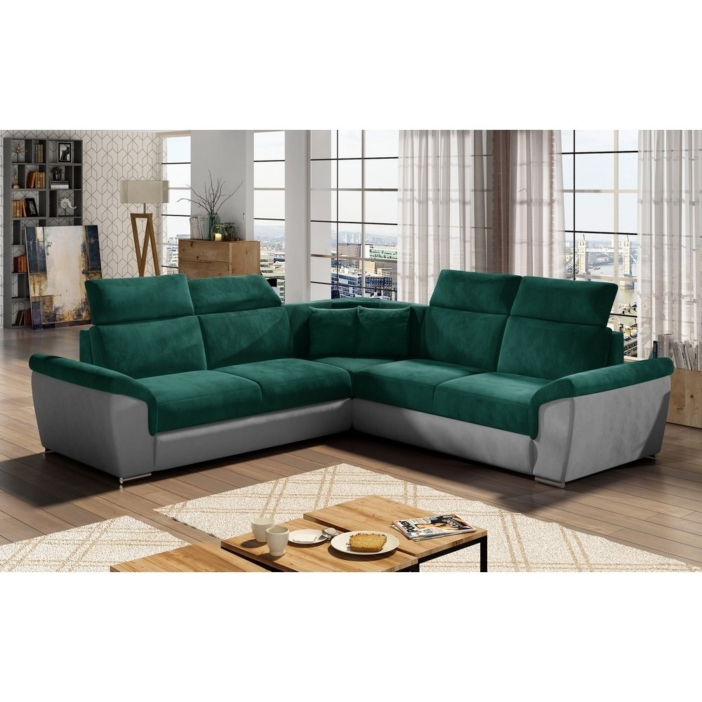 Canapé d'angle - convertible - FELIPE VELOURS - en tissu luxe vert et gris, 5/6 places, angle gauche Canapé d'angle - convertible - FELIPE VELOURS - en tissu luxe vert et gris, 5/6 places, angle gauche