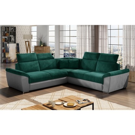 Canapé d'angle - convertible - FELIPE VELOURS - en tissu luxe vert et gris, 5/6 places