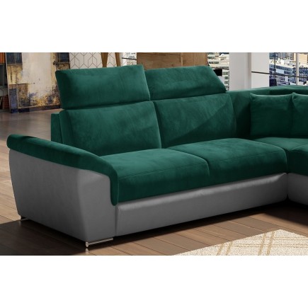 Canapé d'angle - convertible - FELIPE VELOURS - en tissu luxe vert et gris, 5/6 places, angle gauche