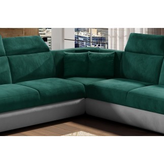 Canapé d'angle - convertible - FELIPE VELOURS - en tissu luxe vert et gris, 5/6 places