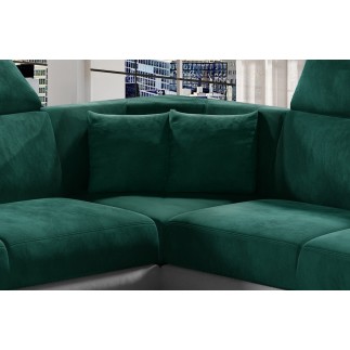 Canapé d'angle - convertible - FELIPE VELOURS - en tissu luxe vert et gris, 5/6 places