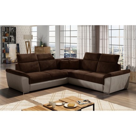 Canapé d'angle - convertible - FELIPE VELOURS - en tissu luxe chocolat et beige, 5/6 places