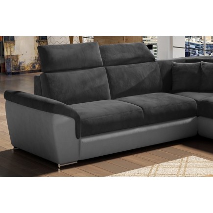 Canapé d'angle - convertible - FELIPE VELOURS - en tissu luxe gris foncé et gris clair, 5/6 places, angle gauche