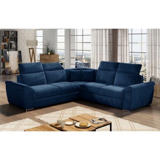 Canapé d'angle convertible - FELIPE VELOURS - en tissu luxe bleu, 5/6 places
