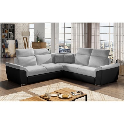 Canapé d'angle - convertible - FELIPE - en tissu gris clair et simili cuir noir, 5/6 places