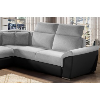 Canapé d'angle - convertible - FELIPE - en tissu gris clair et simili cuir noir, 5/6 places
