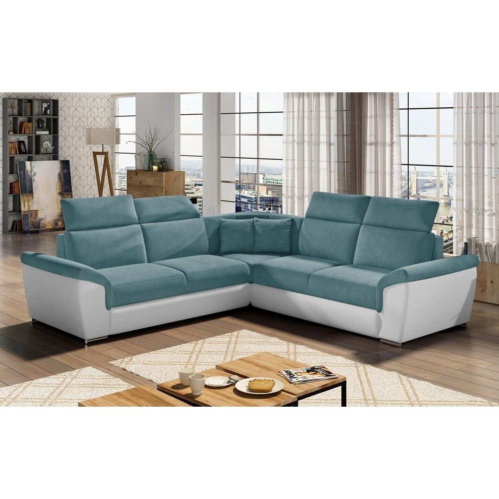 Canapé d'angle - convertible - FELIPE - en tissu bleu et simili cuir blanc, 5/6 places, angle gauche Canapé d'angle - convertible - FELIPE - en tissu bleu et simili cuir blanc, 5/6 places, angle gauche