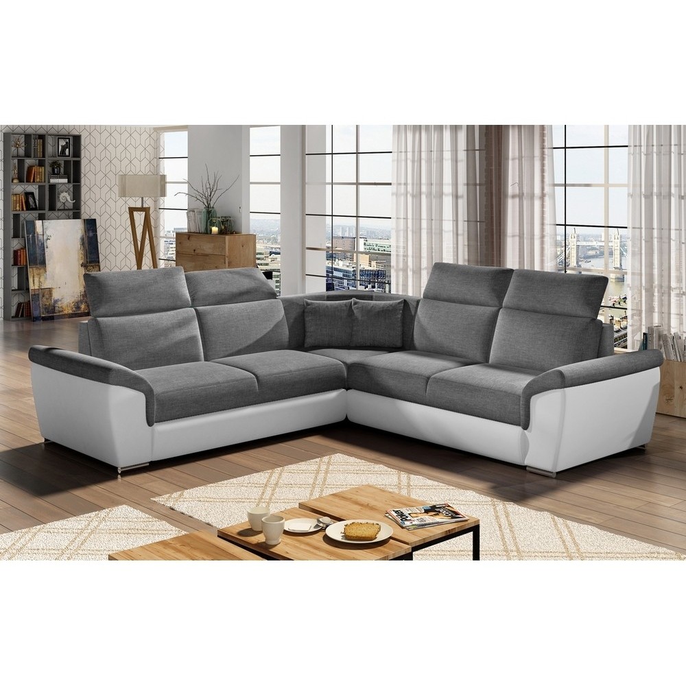 Canapé d'angle - convertible - FELIPE - en tissu gris et simili cuir blanc, 5/6 places, angle gauche Canapé d'angle - convertible - FELIPE - en tissu gris et simili cuir blanc, 5/6 places, angle gauche