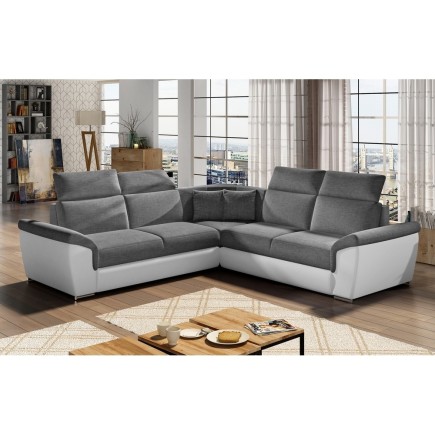 Canapé d'angle - convertible - FELIPE - en tissu gris et simili cuir blanc, 5/6 places