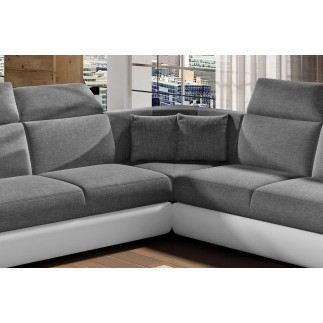 Canapé d'angle - convertible - FELIPE - en tissu gris et simili cuir blanc, 5/6 places