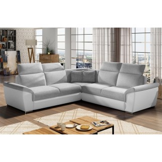Canapé d'angle - convertible - FELIPE - en tissu gris clair et simili cuir blanc, 5/6 places