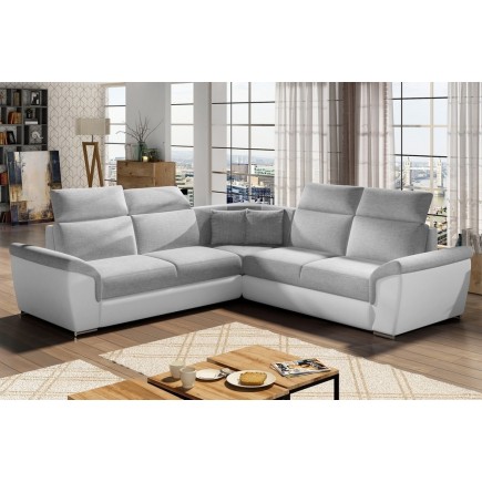 Canapé d'angle - convertible - FELIPE - en tissu gris clair et simili cuir blanc, 5/6 places