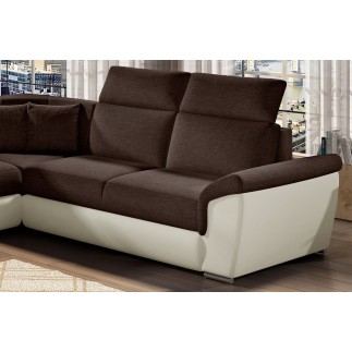 Canapé d'angle - convertible - FELIPE - en tissu chocolat et simili cuir écru, 5/6 places