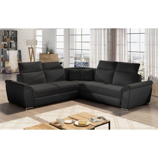 Canapé d'angle - convertible - FELIPE - en tissu noir et simili cuir noir, 5/6 places