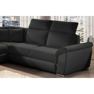 Canapé d'angle - convertible - FELIPE - en tissu noir et simili cuir noir, 5/6 places