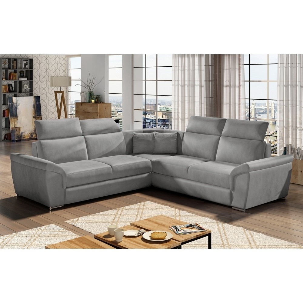Canapé d'angle convertible - FELIPE VELOURS - en tissu luxe gris clair, 5/6 places, angle gauche Canapé d'angle convertible - FELIPE VELOURS - en tissu luxe gris clair, 5/6 places, angle gauche
