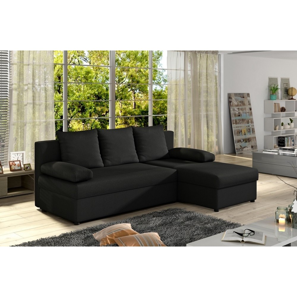 Canapé d'angle convertible - GILO - en tissu luxe 3/4 places, noir, angle droit (vu de face)