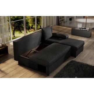 Canapé d'angle convertible - GILO - en tissu luxe 3/4 places, noir, angle droit (vu de face)