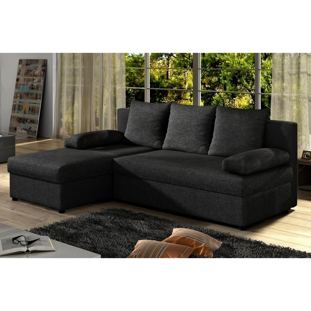 Canapé d'angle convertible - GILO - en tissu luxe 3/4 places, noir, angle gauche (vu de face)