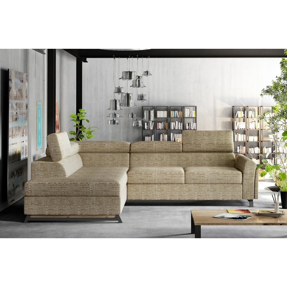 Canapé d'angle convertible - KARL - en tissu luxe 5 places, beige, angle gauche (vu de face) Canapé d'angle convertible - KARL - en tissu luxe 5 places, beige, angle gauche (vu de face)